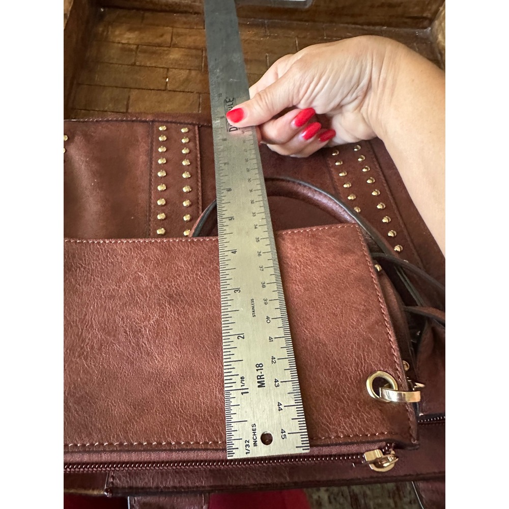 Dasein Brown Vegan Leather Studded Tote Bag Satchel with Matching Pouch Gold EUC - Picture 5 of 16